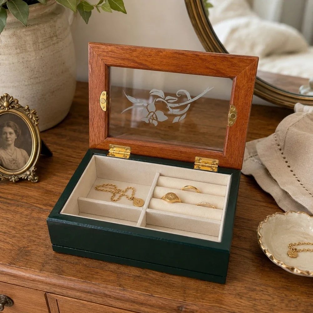 Vintage Glass Top Jewelry Box Wood Keepsake Box Ring Storage Vanity Decor